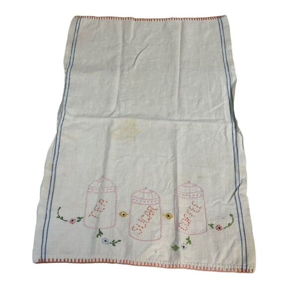 Tea Sugar And Coffee Jar Vintage Embroidered Kitchen Towel Cottage Core SEE - Picture 2 of 5